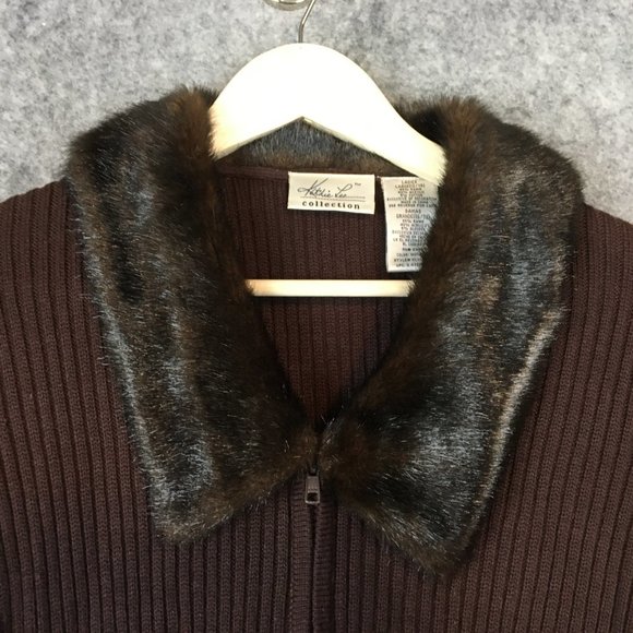 Vintage Sweater Jacket L 12 14 Brown Ribbed Knit Slim Fit Faux Fur Collar Casual - Picture 2 of 10